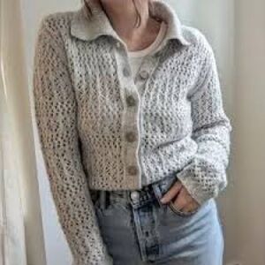 Joie Women's Gray Open Knit Crochet Button Front Collared Cardigan Sweater,Large